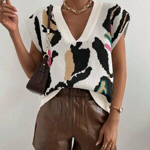 Multicolor Casual Women's V-Neck Batwing Pattern Sweater Vest